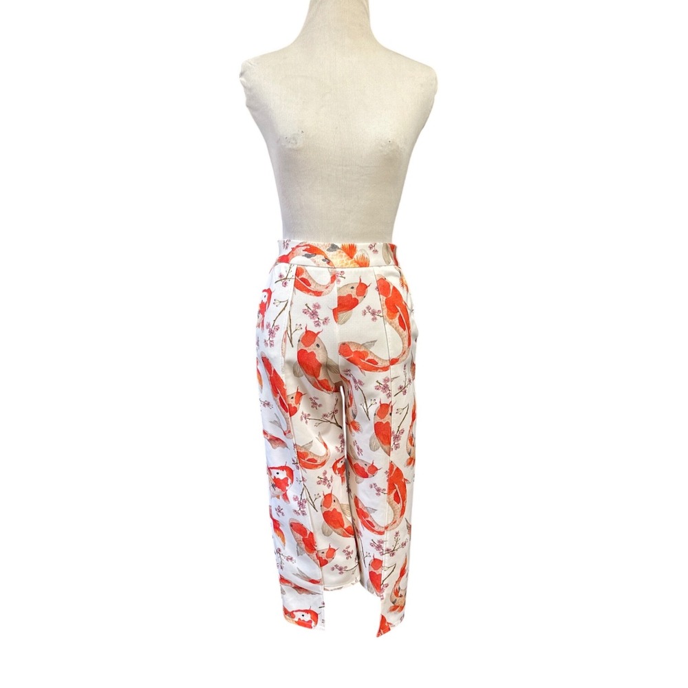Rare Curry Women White Orange Koi Fish Cherry Blossom Print Cropped Pants Small